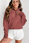 Brown Zip Up Stand Collar Thumbhole Sleeve Sweatshirt | Available in 4 Colors