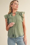 Navy Blue V Neck Flutter Shoulder Textured Blouse | Available in 2 Colors