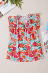 Wholesale Rose Red Boho Floral Print Ruffle Tie V Neck Sleeveless Shirt