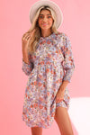 Purple Floral Boho Frilled Neck Shirred Cuffs Mini Dress