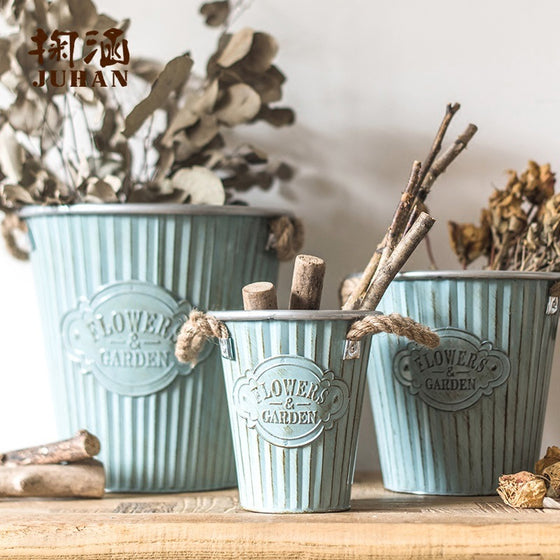 Vintage Light Blue Tin Flower Bucket