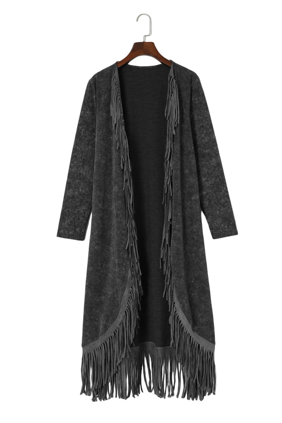 Black Mineral Washed Tassel Open Front Long Cardigan