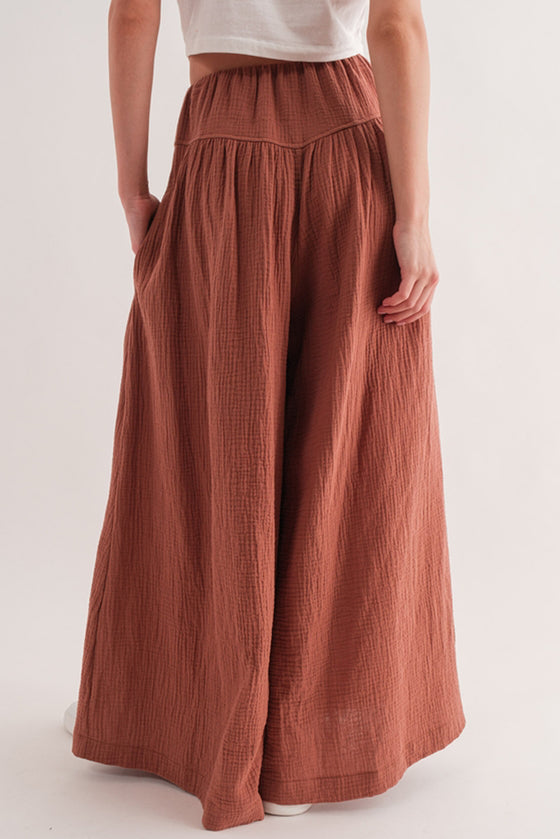 Gold Flame Gauze Textured Pleated Wide Leg Pants