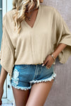 Beige Crinkled V Neck Bell Sleeve Blouse  (Pre-Order Only)