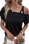 Black Asymmetric Criss Cross Cold Shoulder T Shirt