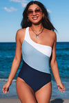 Light Blue Color Block Backless Asymmetric One-Piece Swimsuit