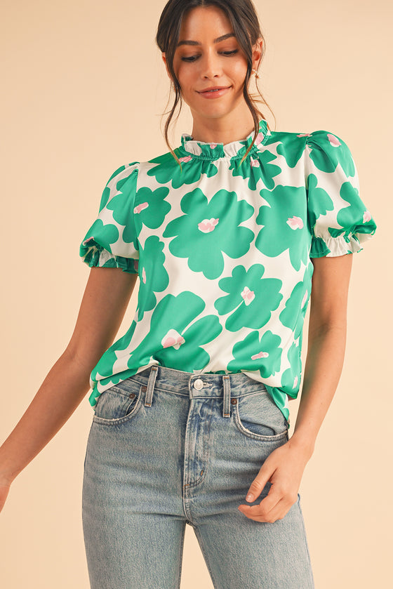 Green 60s Floral Print Puff Sleeve Frill Neckline Blouse