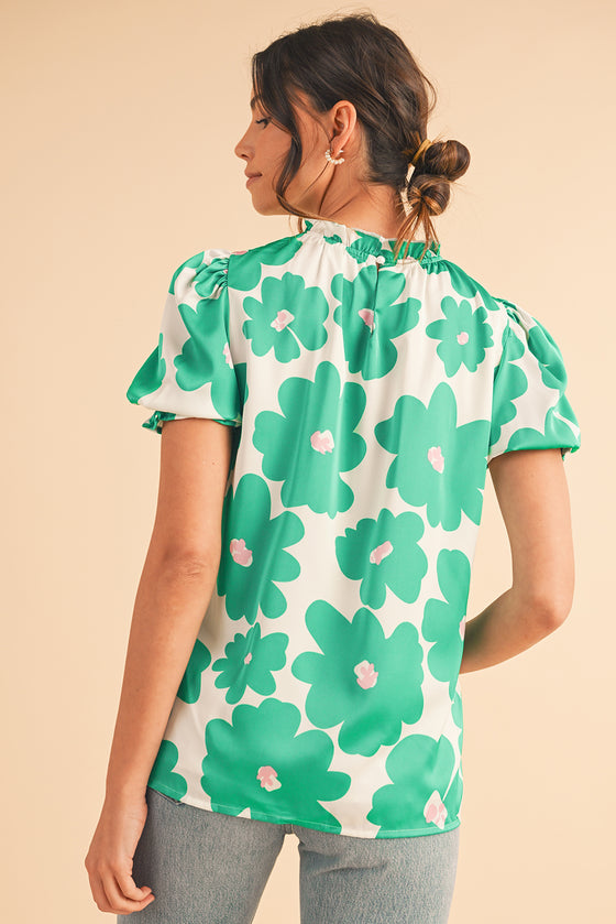 Green 60s Floral Print Puff Sleeve Frill Neckline Blouse