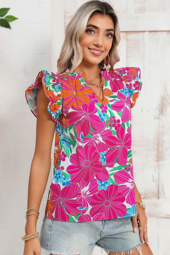 Multicolor Floral Print V Neck Ruffle Shoulder Blouse