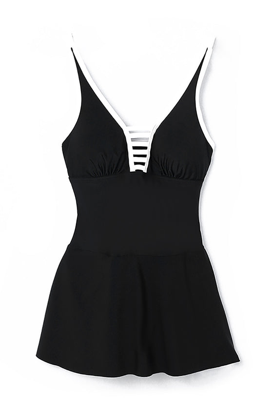 Black Strappy V Neck Backless One-Piece Swim Dress