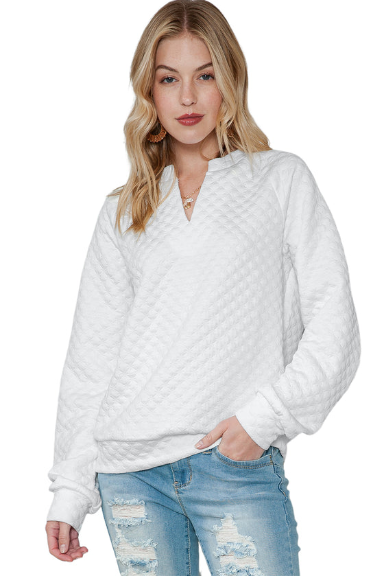 White Quilted V-Neck Solid Color Long Sleeve Top | Available in 4 Colors