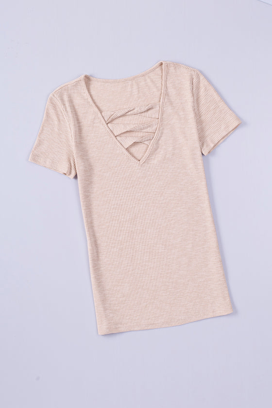 Blush Pink Ribbed Cut Out V Neck T Shirt | Available in Black