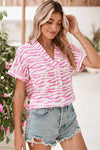 Pink Zebra Print V-Neck Roll Up Sleeve Blouse | Available in Black