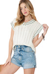 White Trim V-Neck Cable Knit Cap Sleeve Shirt