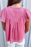 Bright Pink Frill V Neck Splicing Pleated Blouse