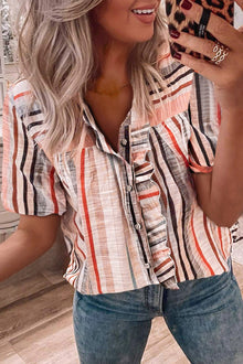  Khaki Striped Ruffle Trim Short Sleeve Blouse