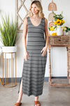 Black Stripe Print Open Back Sleeveless Maxi Dress With Slits