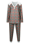 Grey Plaid Button V Neck Top & Drawstring Pants Loungewear Set