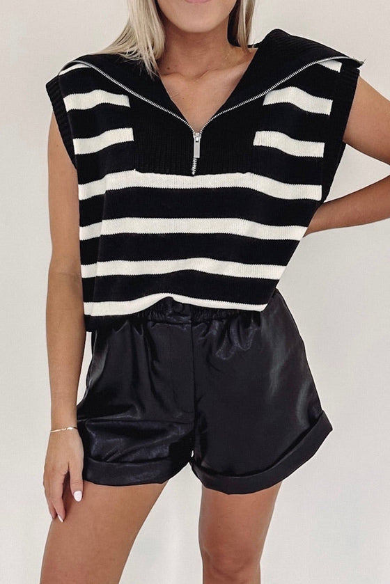 Black Stripe Sleeveless Zipped Collar Knit Top