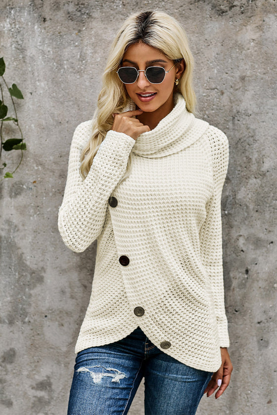 Beige Casual Knitted Buttons Front Cowl Neck Sweater | Other Colors Available