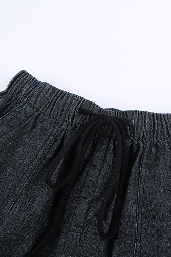 Black Drawstring Pocketed Frayed Hem Denim Shorts | Available in 3 Colors