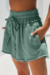 Rose Pink Smocked Raw Edge Drawstring Pocketed Shorts | Available in 5 Colors