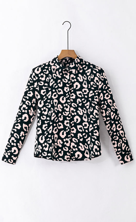 Black Leopard Print Button-Up Shirt