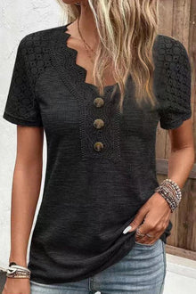  Gray Solid Lace Sleeve Button V Neck T Shirt