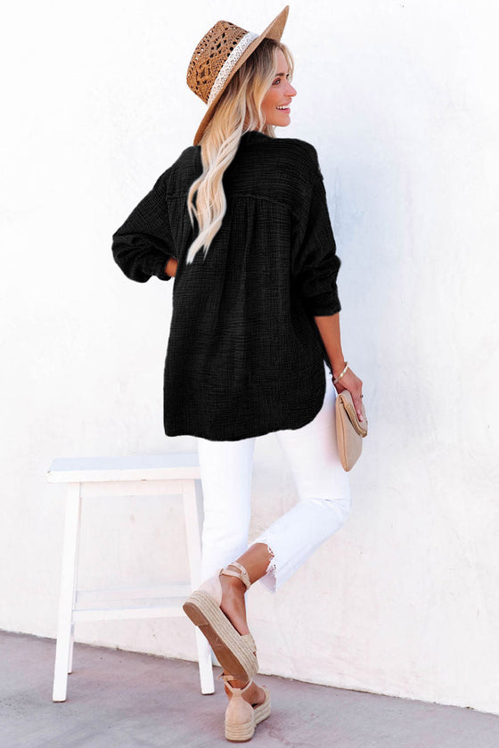 Loose Crinkle Button V Neck Henley Top | Available in 4 Colors