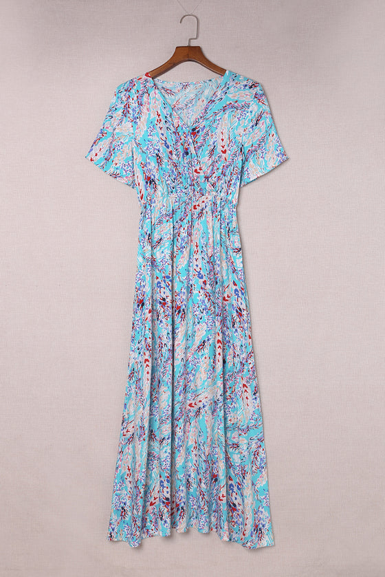 Abstract Print Wrap V Neck Flutter Sleeve Mid Length Summer Dress | Available in Blue