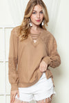 Pink Lace Waffle Knit Crisscross Straps V Neck Long Sleeve Top |Available in 2 Colors