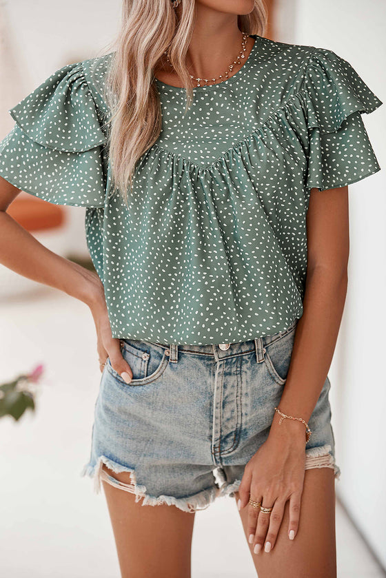 Spotted Print Pleated Ruffle Sleeve Blouse | Available in 3 Colors