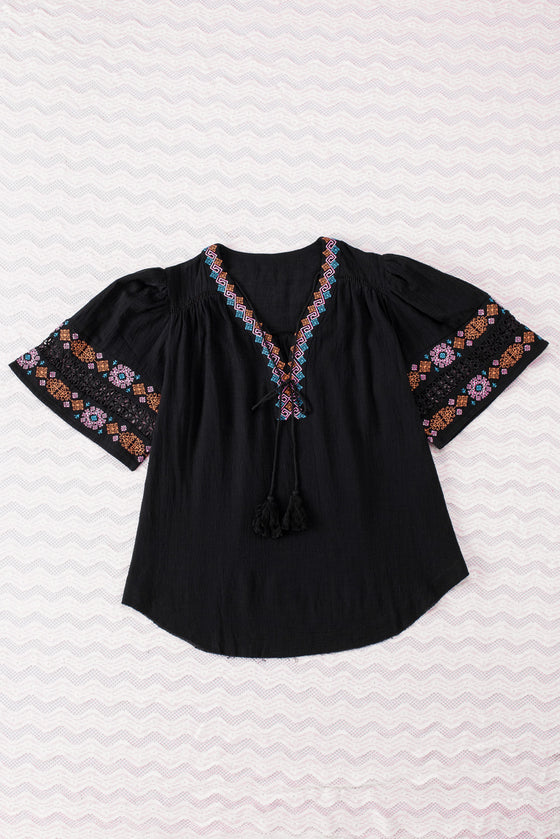 Black Boho Tassel Drawstring Embroidered Blouse