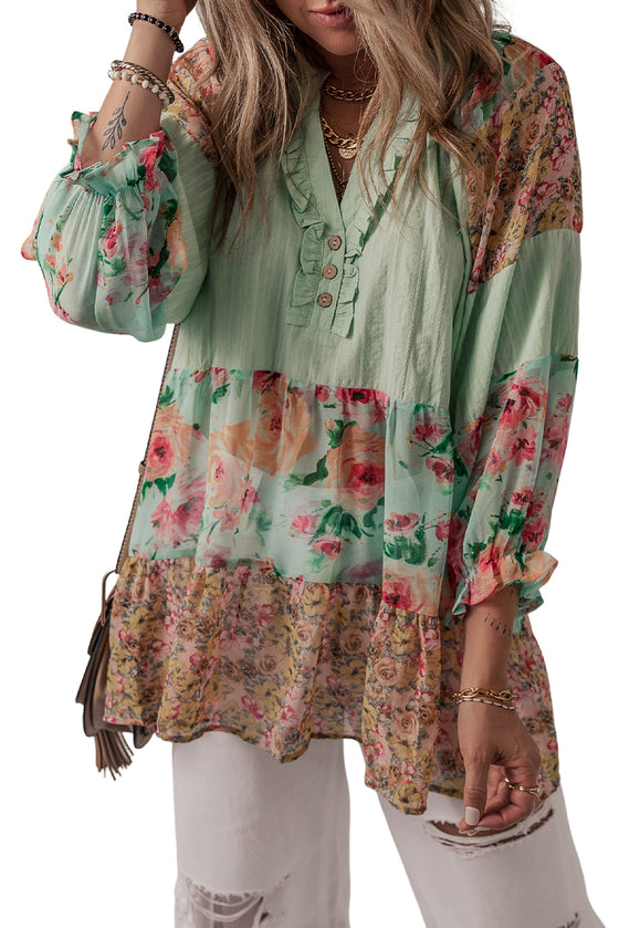 Green Floral Patchwork Blouse