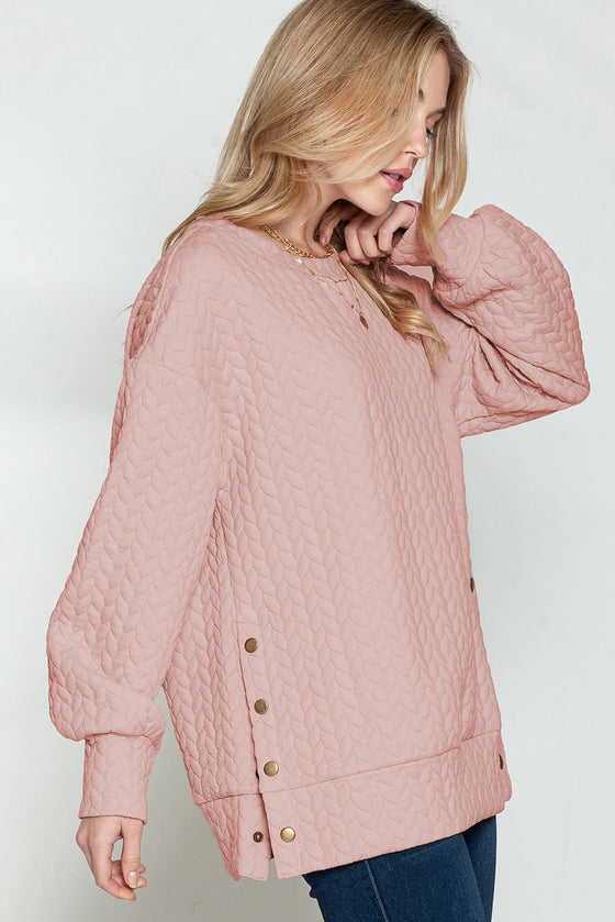 Black Quilted Snap Button Detail Drop Shoulder Sweatshirt | Available in Pink