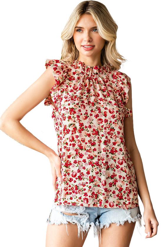 Red Floral Sleeveless Shirt