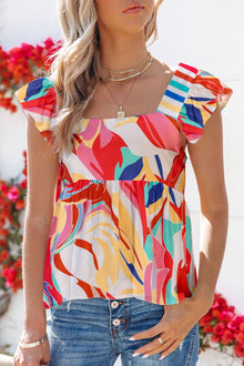  Multicolor Abstract Print Ruffled Sleeveless Square Neck Shirt