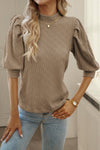 Taupe Textured Ruched Puff Sleeve Mock Neck Top | Available in 2 Colors