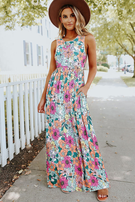 Multicolor Floral Printed Round Neck Sleeveless Maxi Dress