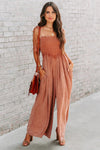 Orange Spaghetti Strap Shirred Wide Leg Jumpsuit