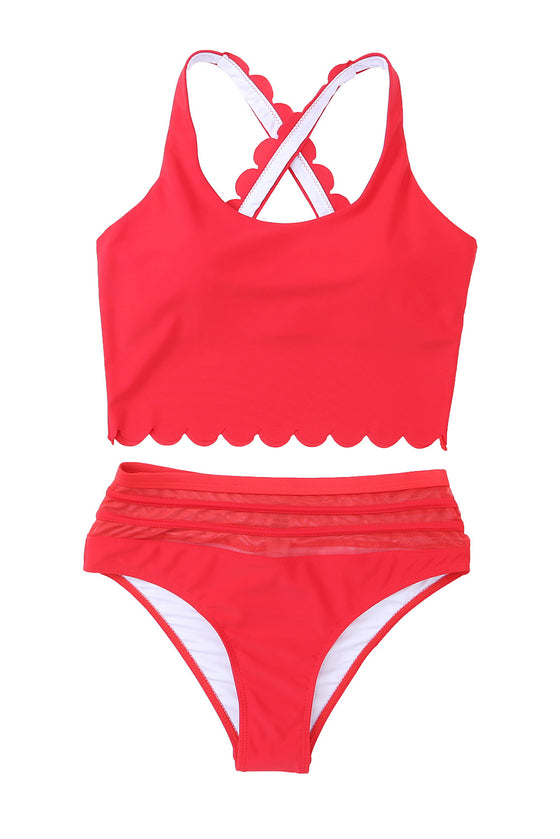 Rose Scalloped Sleeveless High Waisted Two-Piece Swimsuit | Available in 2 Colors