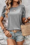 Light Grey Knit Pleated Puff Sleeve T-Shirt