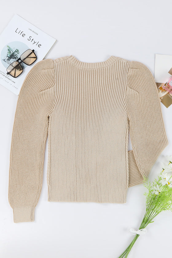 Apricot Cable Knit Puff Sleeve Sweater