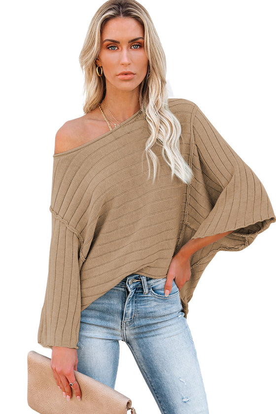 Apricot Solid Color Ribbed Knit 3/4 Sleeve Pullover Sweater | Available in 5 sizes