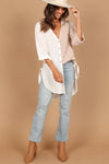 White Colorblock V Neck Collared Side Slits Blouse