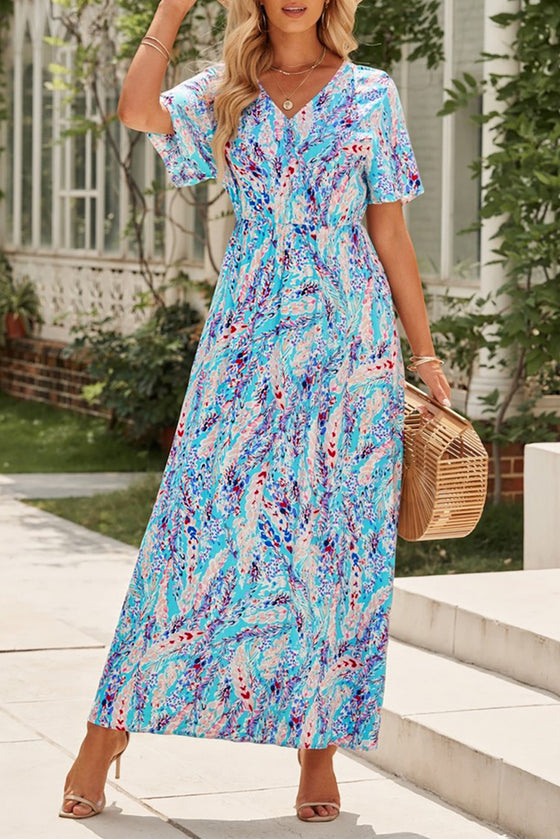 Abstract Print Wrap V Neck Flutter Sleeve Mid Length Summer Dress | Available in Blue