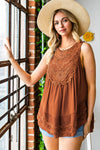 Apricot Casual Contrast Lace Crochet Button Back Sleeveless Shirt