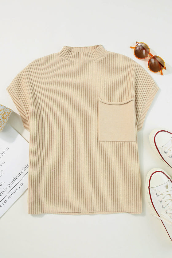 Oatmeal Patch Pocket Ribbed Knit Short Sleeve Sweater | Available in 7 Colors