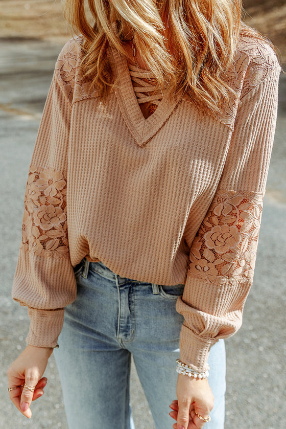 Pink Lace Waffle Knit Crisscross Straps V Neck Long Sleeve Top |Available in 2 Colors