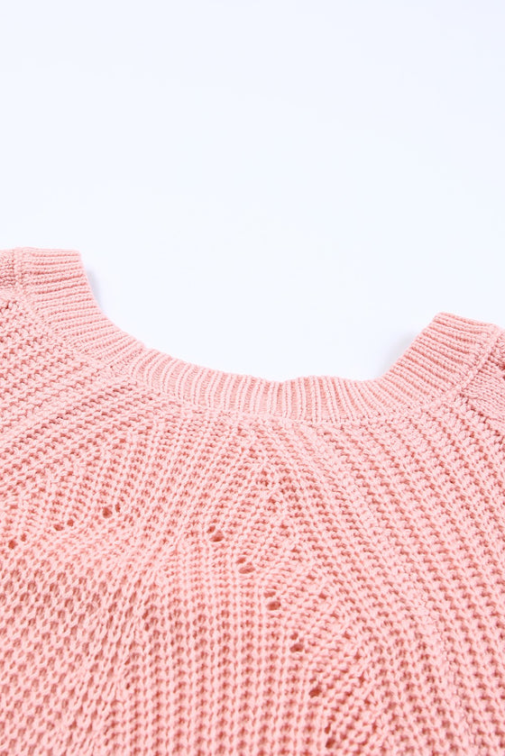 Pink Knit Hollow Out Long Sleeve Pullover Sweater